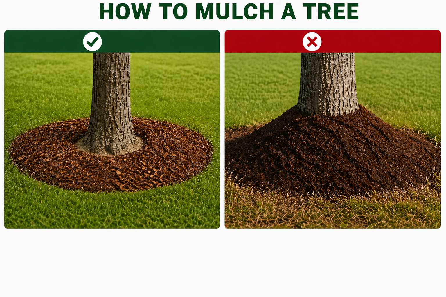 Correct way to mulch around a tree with root flare visible and mulch kept away from the trunk.