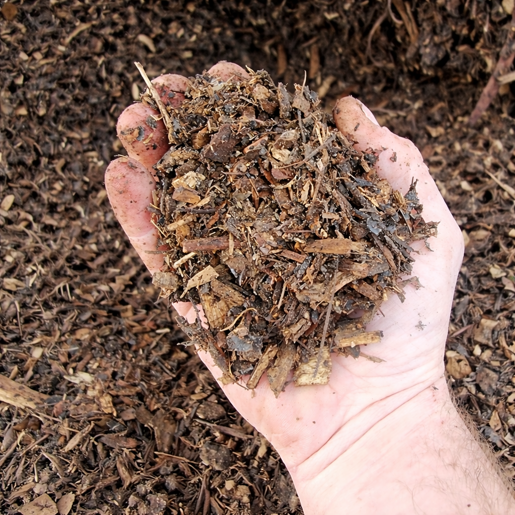 Hand holding aged mulch close up image