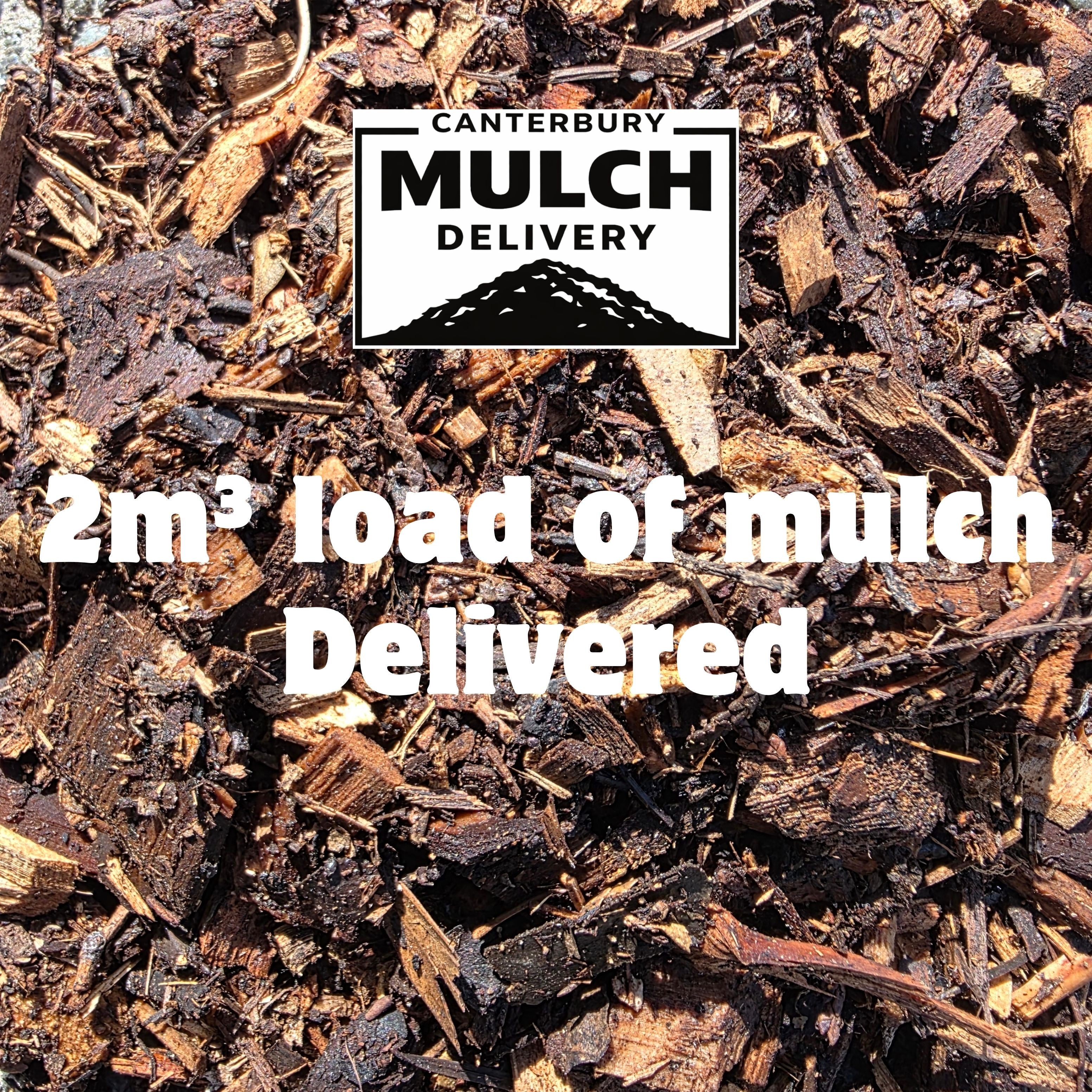 Mulch with 'Canterbury Mulch Delivery' logo and text about a 2m³ load delivered.
