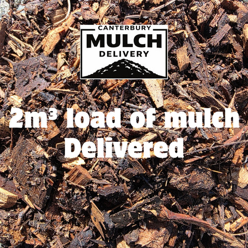 Mulch with 'Canterbury Mulch Delivery' logo and text about a 2m³ load delivered.